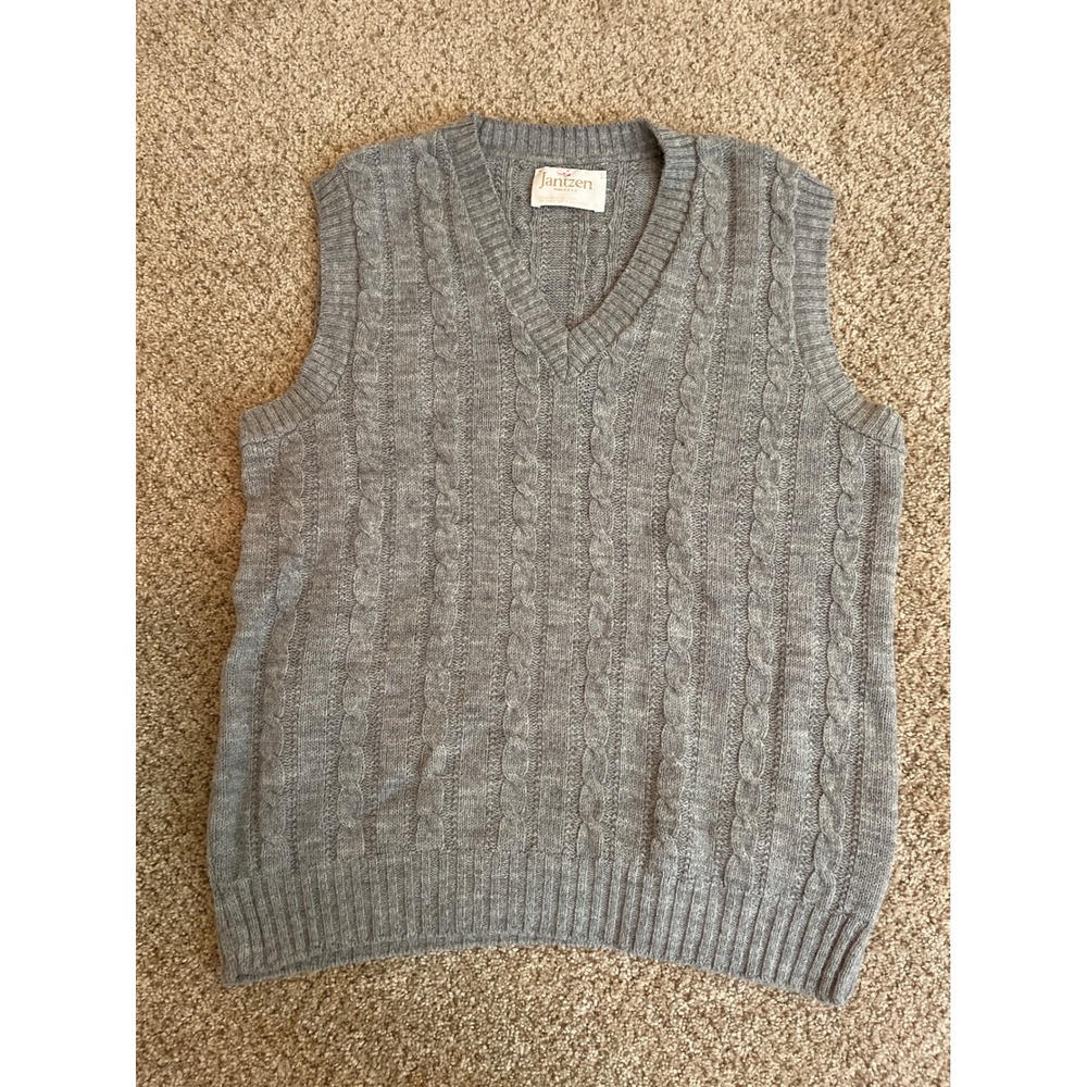 Vintage 70s Jantzen Mens Sweater Vest Medium Gray Cable Knit V-Neck Pullover